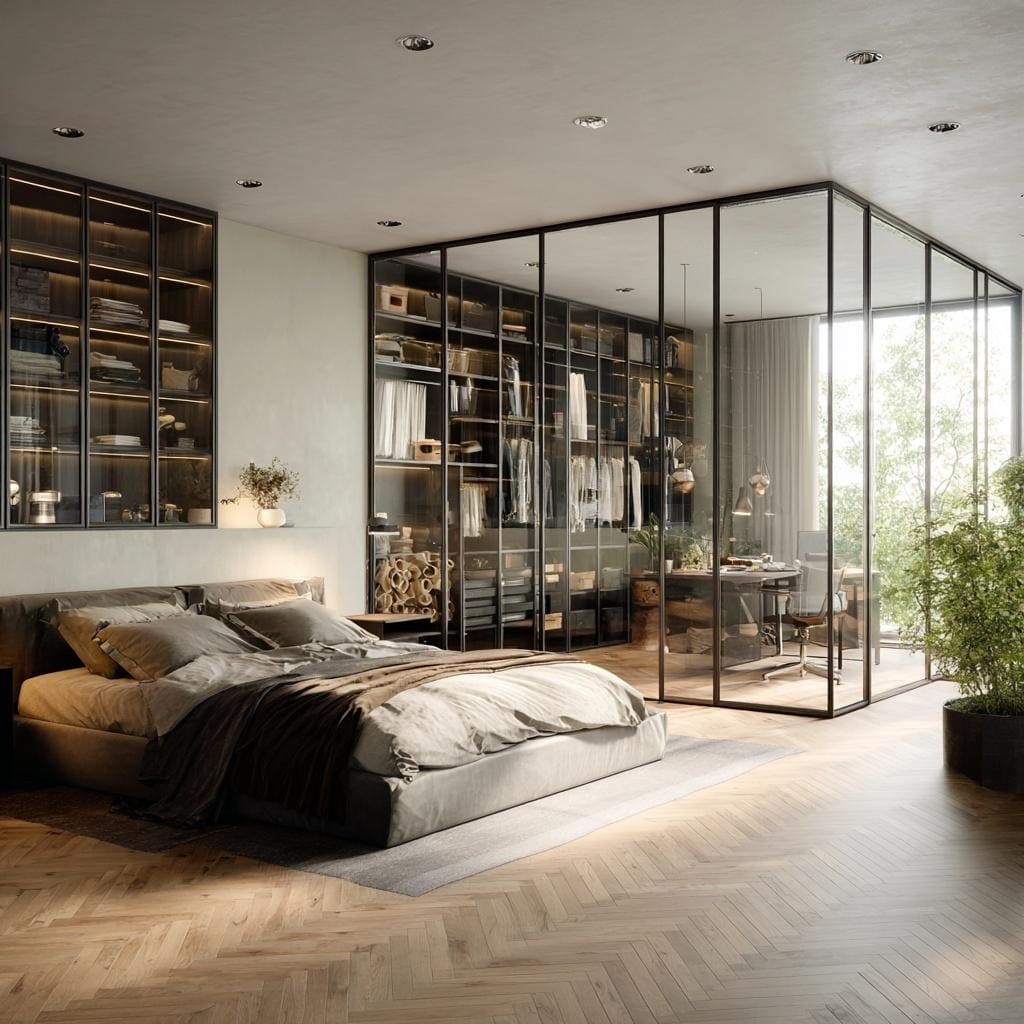 Luxury glass closet doors for bedrooms with sleek frames creating open modern and organized space