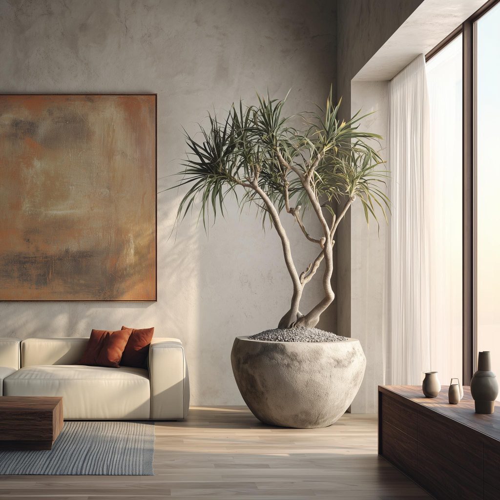 Feng shui living room with indoor plant, natural light and balanced minimalist decor