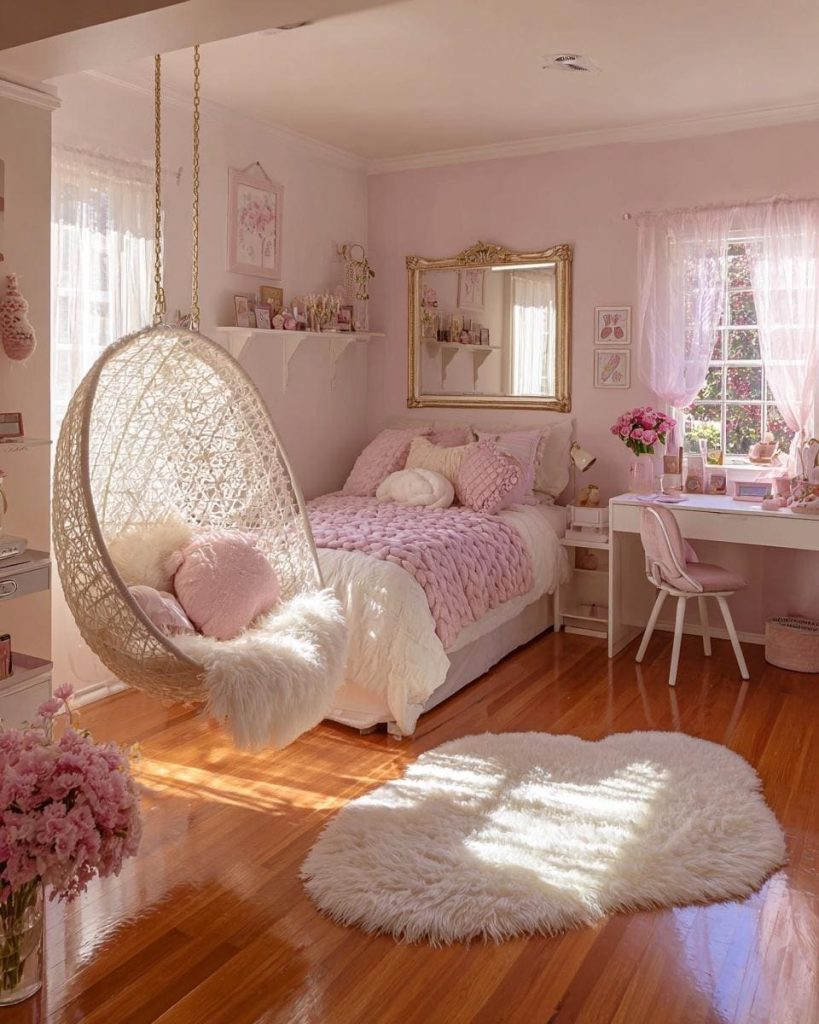 A sophisticated bedroom for teenage girls with a tufted headboard and aesthetic gallery wall.
