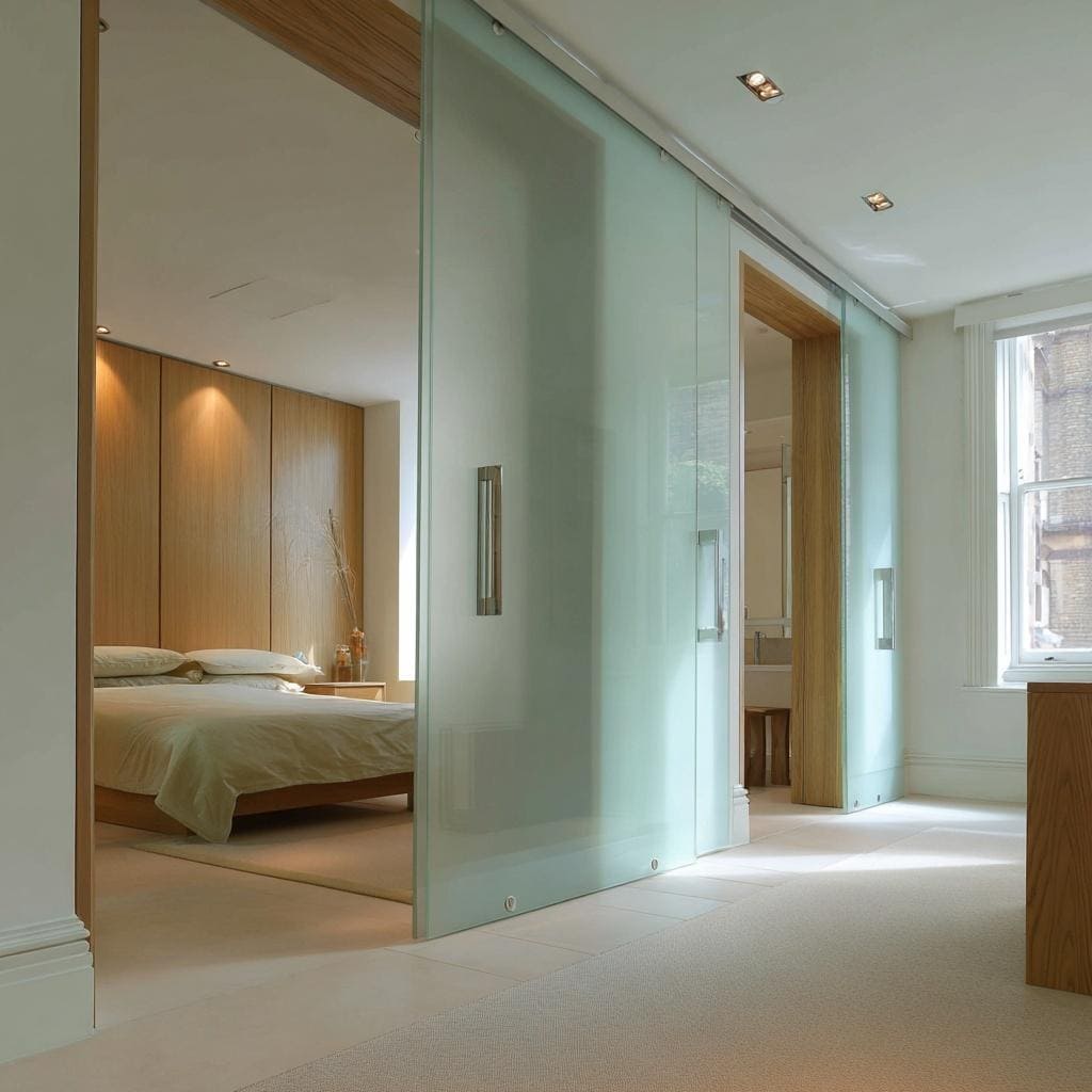 Sliding glass door in master bedroom with frosted panels creating privacy and sleek open space