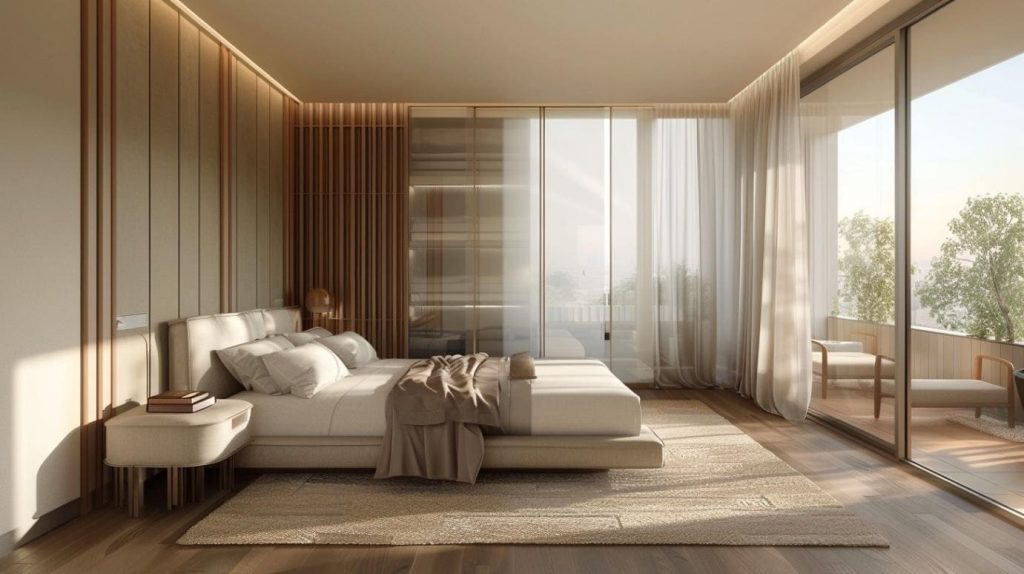 Elegant bedroom with sliding glass doors filled with natural light and soft tones creating calm modern space