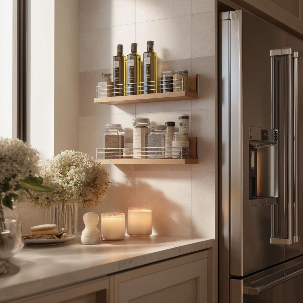 Wooden kitchen corner storage shelves with metal railings holding olive oil and spice jars.