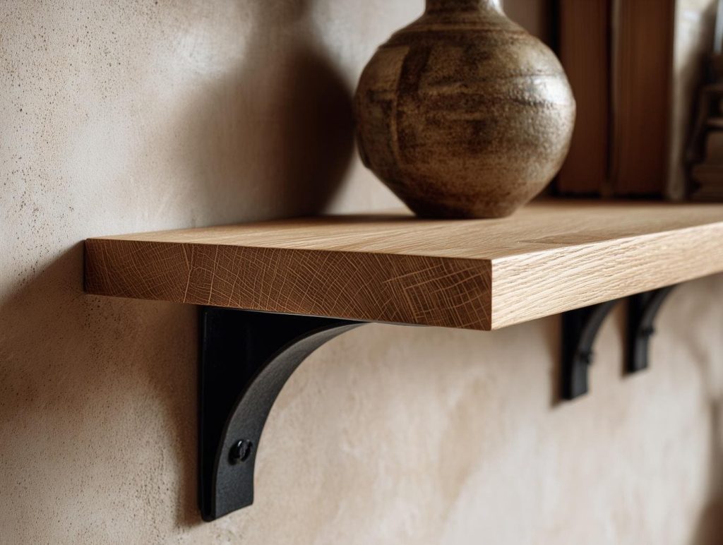 Close up of corner floating shelves kitchen made of oak with black metal support brackets.