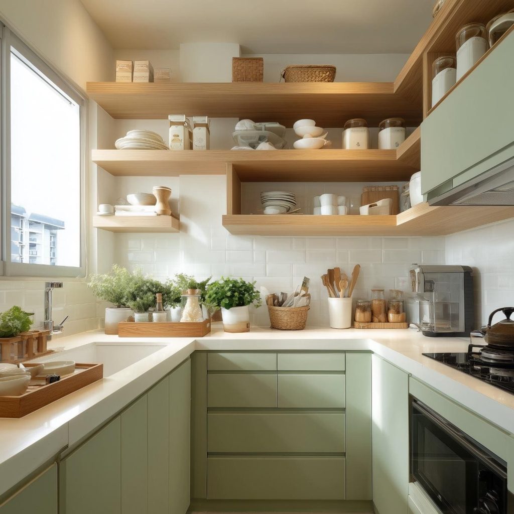 Natural wood corner open shelving kitchen design above sage green cabinets and white tile.