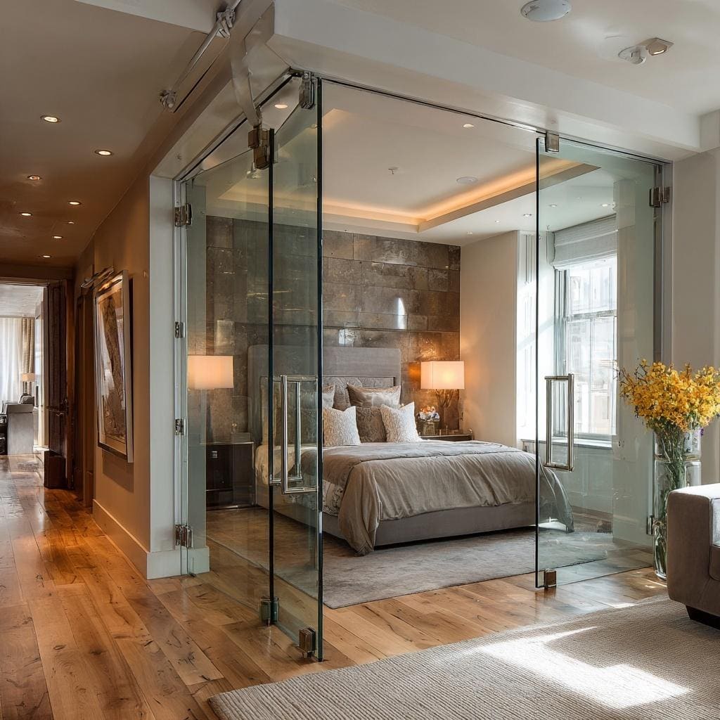 Bedroom with glass door featuring frameless panels creating open airy and luxurious modern space
