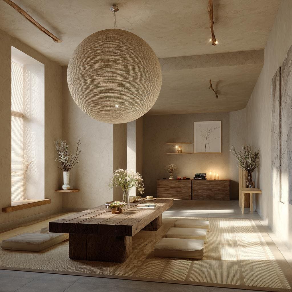 Peaceful feng shui principles with low seating, warm lighting and natural textures creating a calm zen space