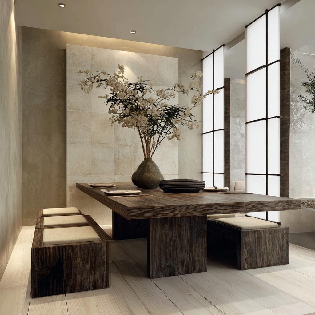 Feng shui home decorating with wooden dining setup, soft lighting and balanced natural elements