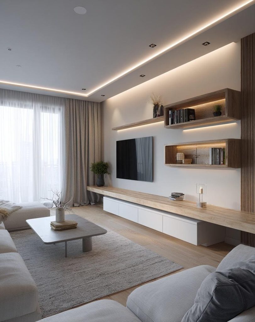 Modern floating shelves living room with wood finish and LED lighting creating sleek stylish display