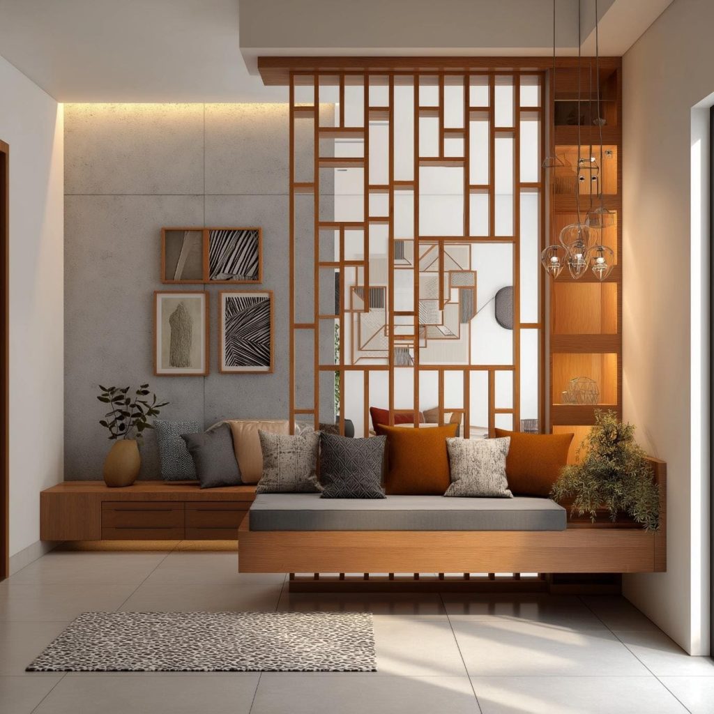 Geometric wood partition design for living room featuring integrated seating and shelves.