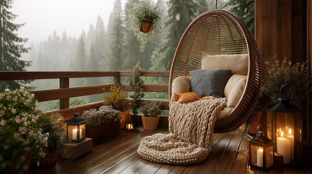 A warm rattan egg chair swing for home balcony spaces styled with candles and soft blankets.