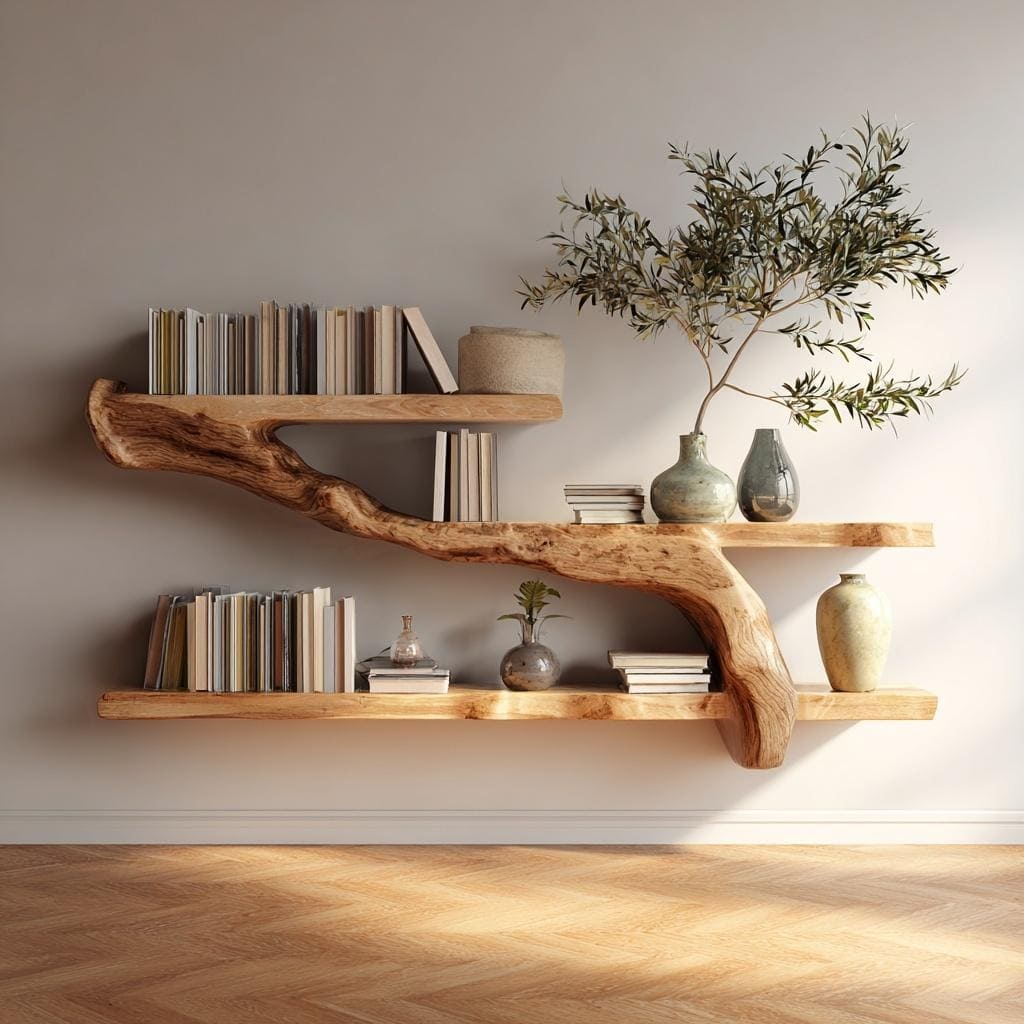Rustic floating shelf ideas with natural wood design displaying books plants and artistic decor