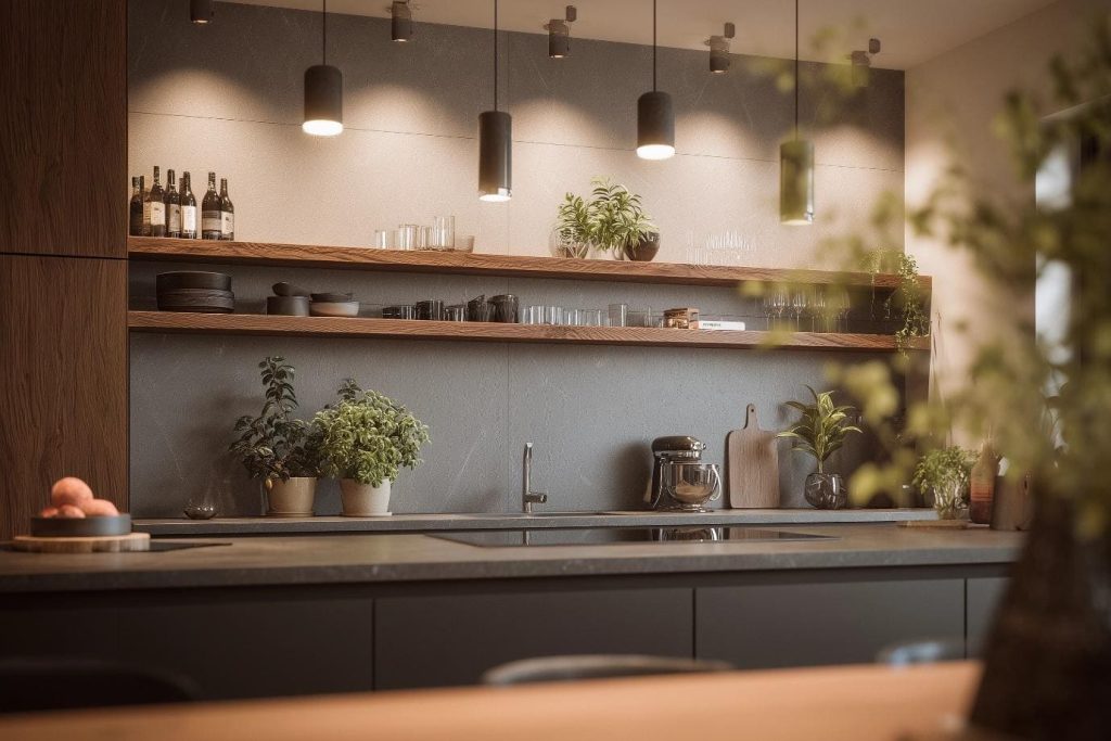 Modern floating kitchen shelves with wood finish displaying plants glassware and minimal decor