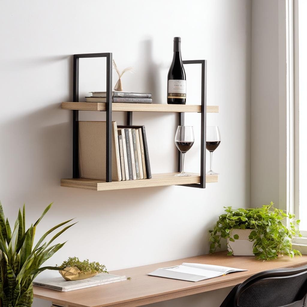 Minimalist floating shelf ideas for a home office featuring books and wine glasses.