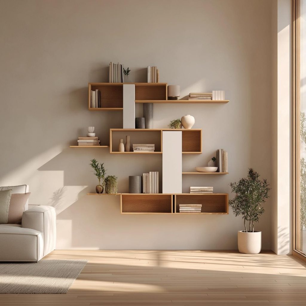 Modern floating shelves design with wood finish displaying books decor and plants in a minimalist setup