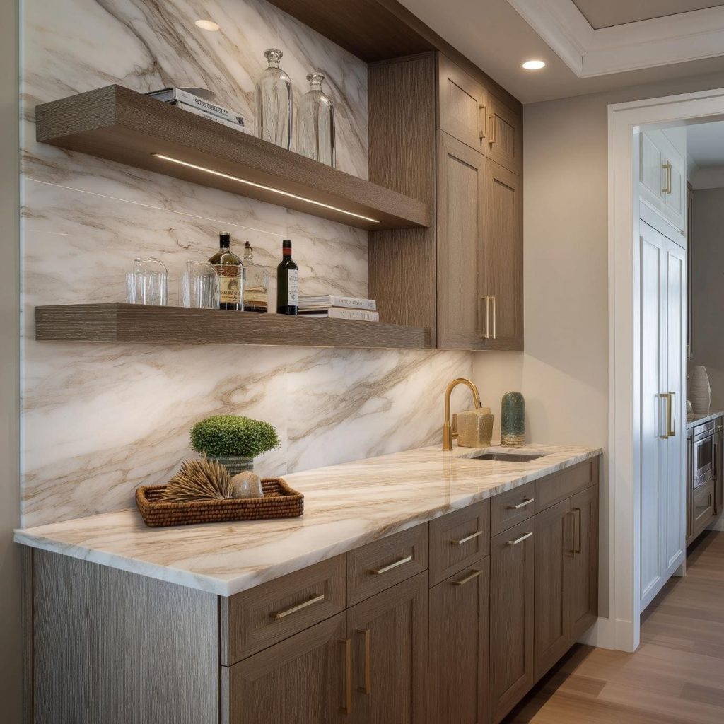 Elegant floating wood shelves with marble backdrop displaying glassware plants and modern decor