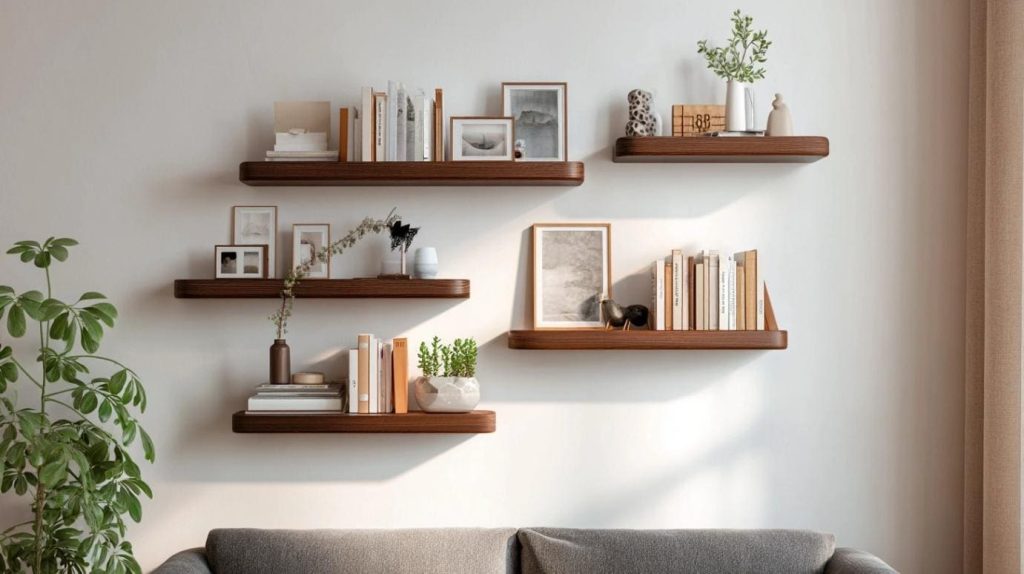 Minimalist floating shelves living room with wood finish displaying books plants and modern decor