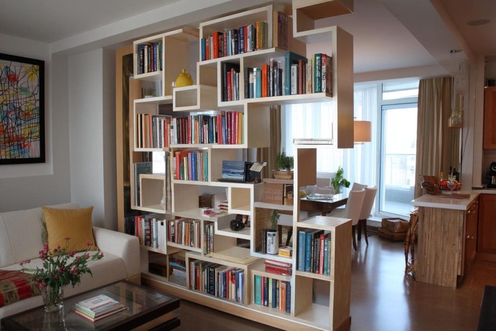 A simple partition design for living room and dining hall using an open bookshelf unit.