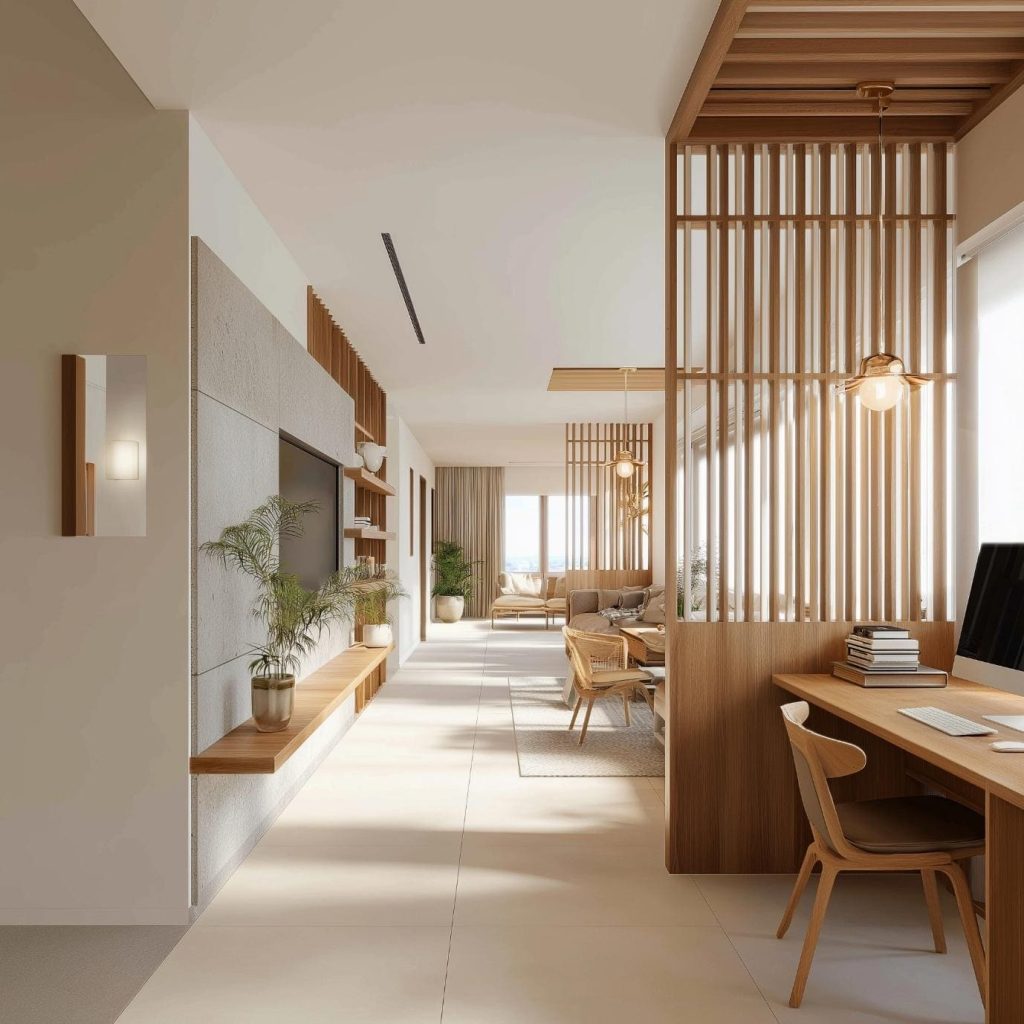 Vertical wooden partition walls for living room creating a study nook and hallway zone.