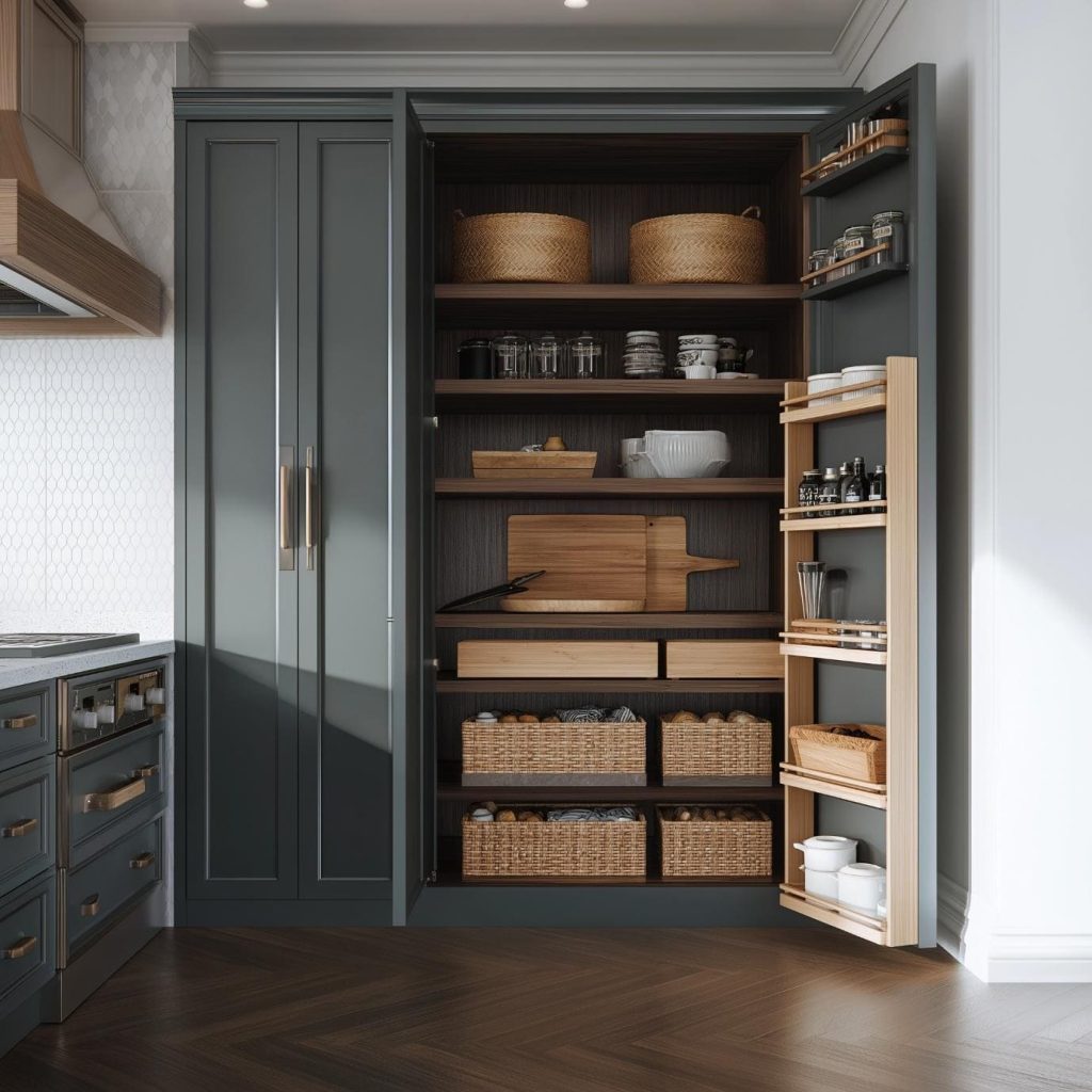 Premium kitchen pantry unit design with tall cabinet shelves baskets and door racks for smart storage