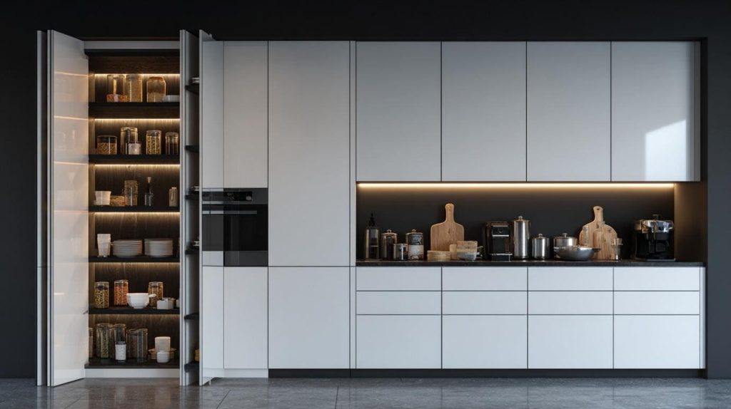 Modern tall kitchen pantry unit with pull out storage and sleek cabinets for organized kitchen space