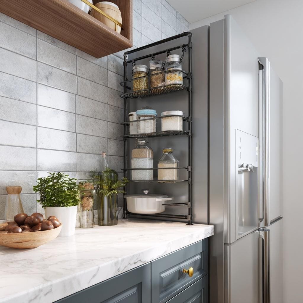 Compact pull out pantry unit beside fridge with tiered racks storing jars and kitchen essentials neatly
