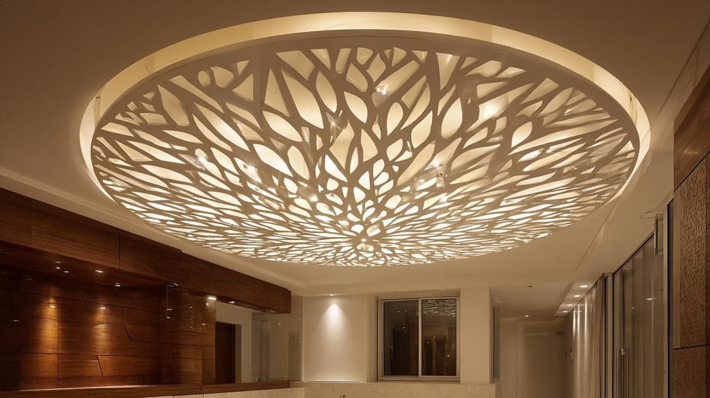 A decorative lattice circular design impacts the false ceiling cost for 10x10 room.