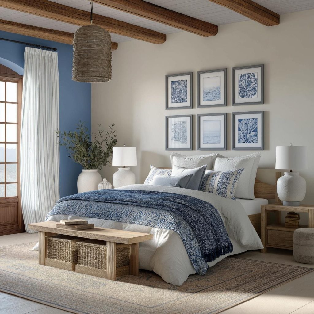 A modern bedroom with cream walls and a sky blue colour combination for a serene look.