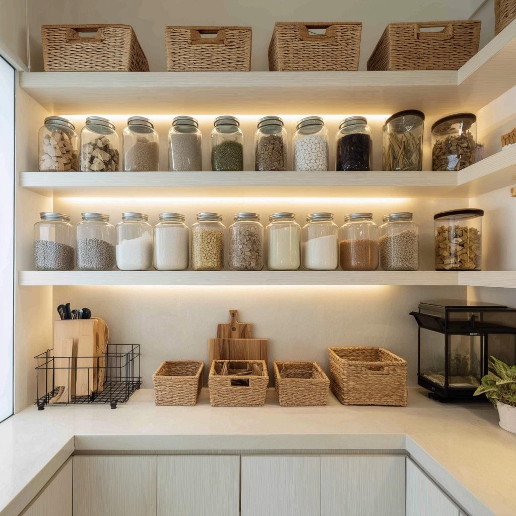 Organized kitchen pantry unit with open shelves jars baskets and LED lighting for neat storage