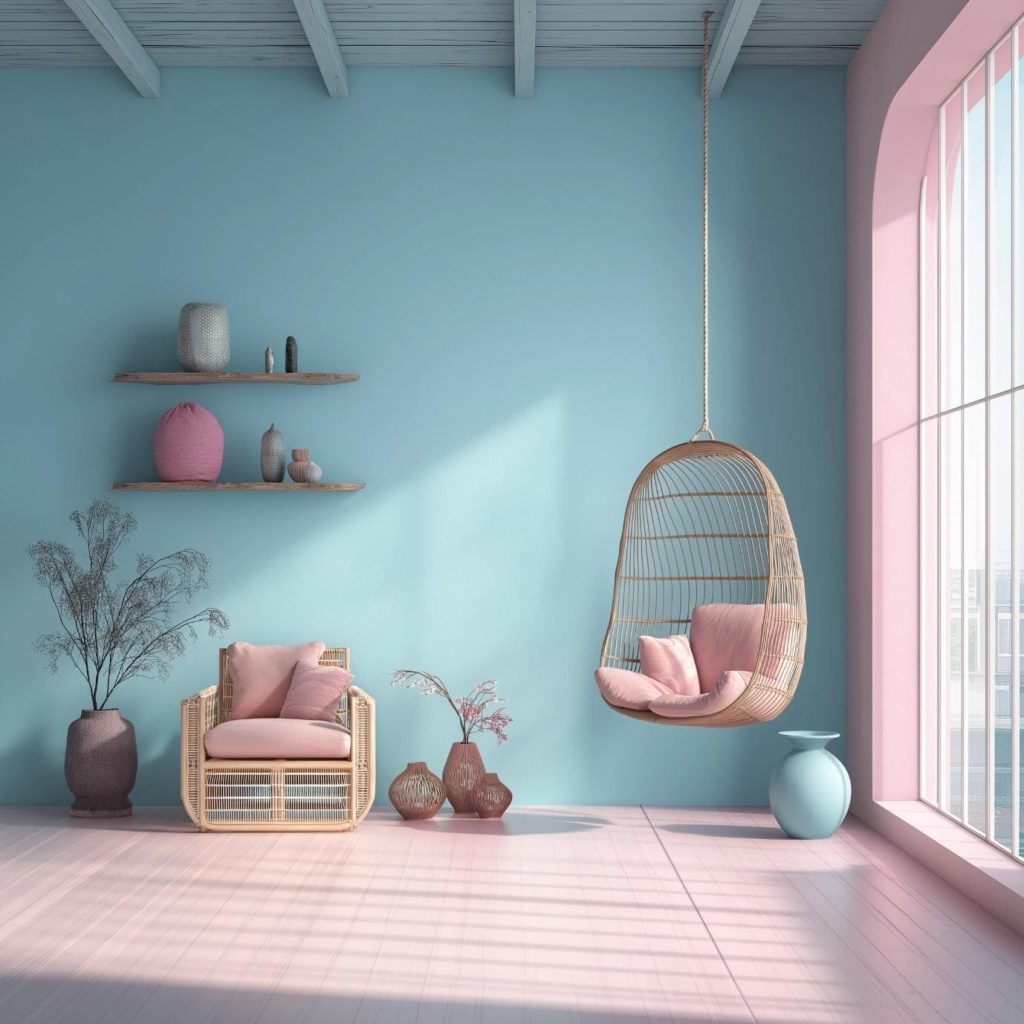 Soft pink furniture against a sky blue colour combination for bedroom walls looks chic.