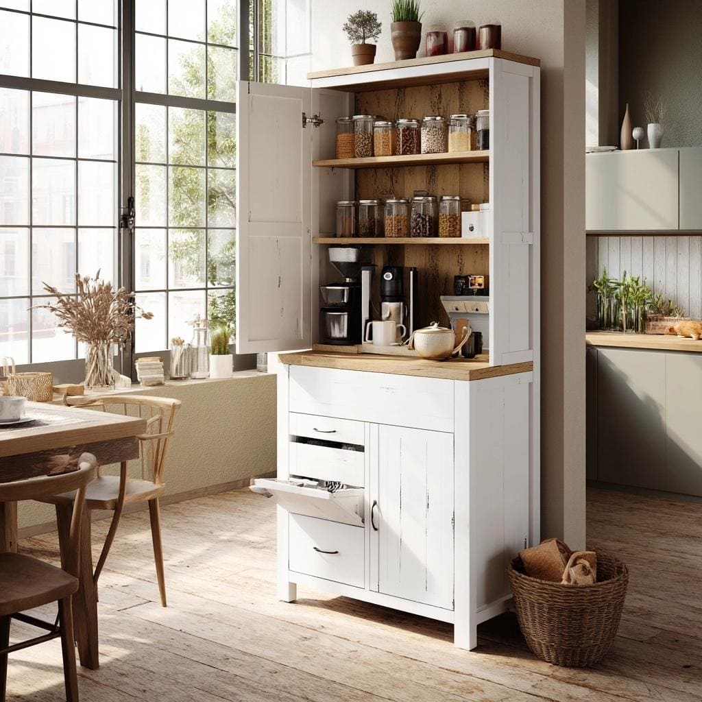 Chic kitchen pantry unit with wooden shelves jars and coffee setup creating organized stylish storage