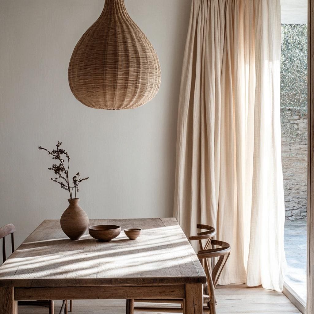 Minimal dining room colour trends with neutral tones wooden table and soft natural light styling