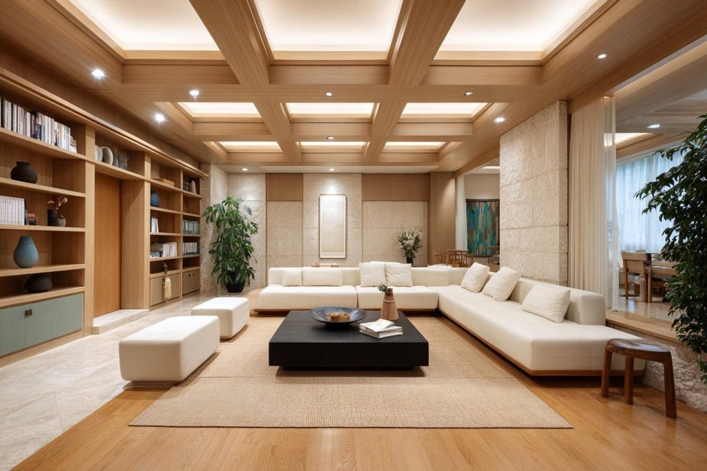 A luxury living room featuring a wooden grid pattern and gypsum false ceiling lighting.