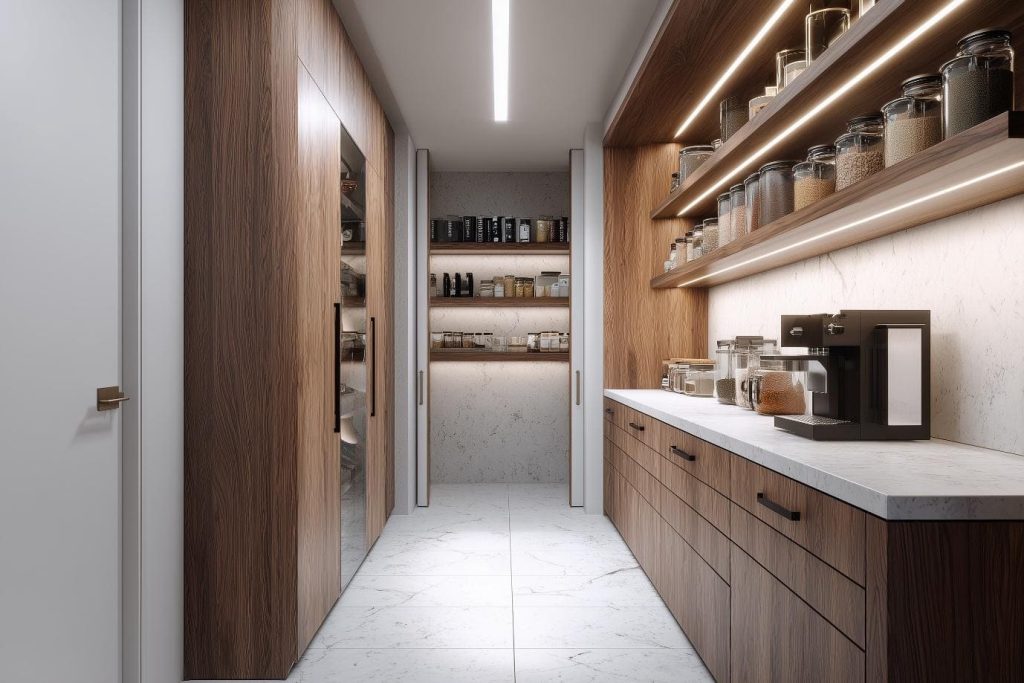 Sleek kitchen pantry unit design with wooden cabinets open shelves and organized storage jars