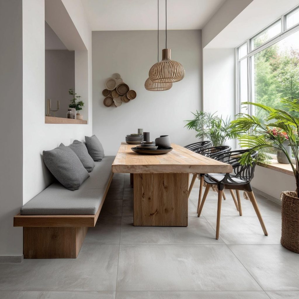 Modern dining room design trends with wooden table bench seating indoor plants and natural light