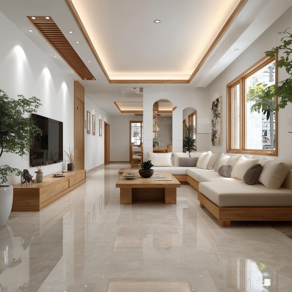 A spacious living room with cove lighting and a premium false ceiling cost for 12x12 room.