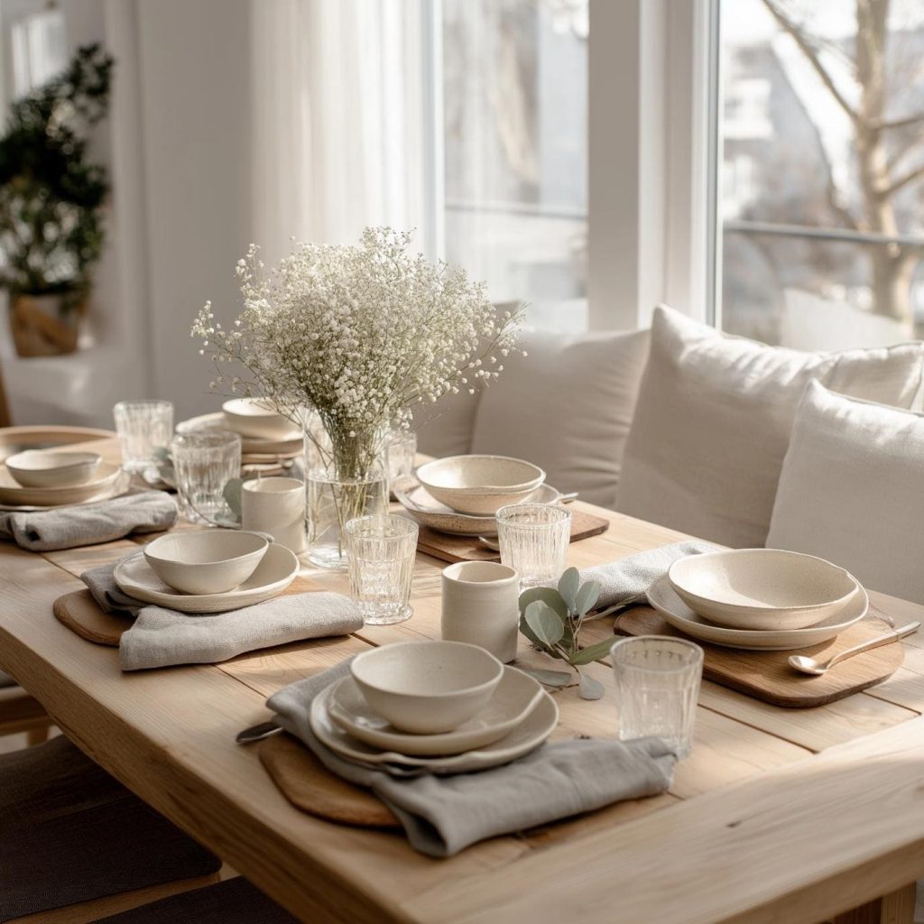 Current dining room trends with neutral table setting soft linens and natural light ambiance