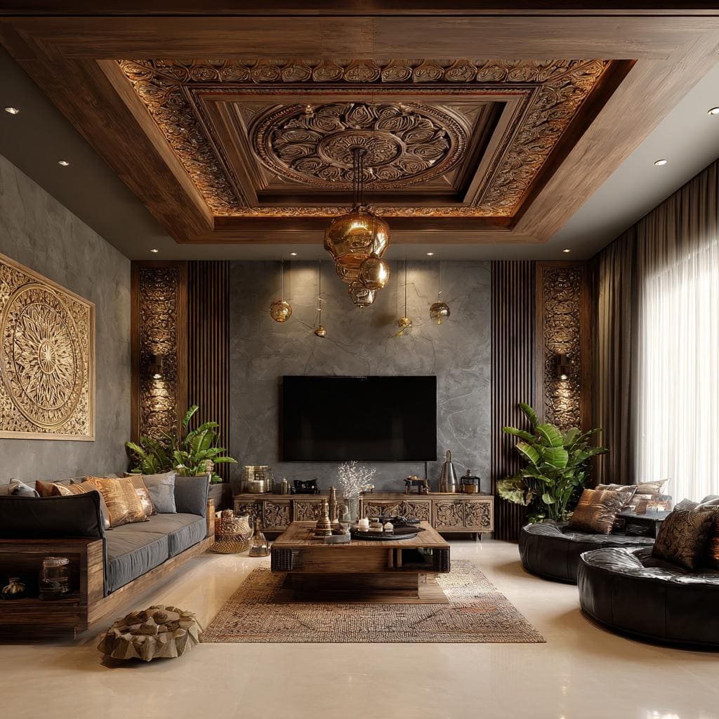  An ornate wooden carved design in a luxury home adds to the overall false ceiling cost.