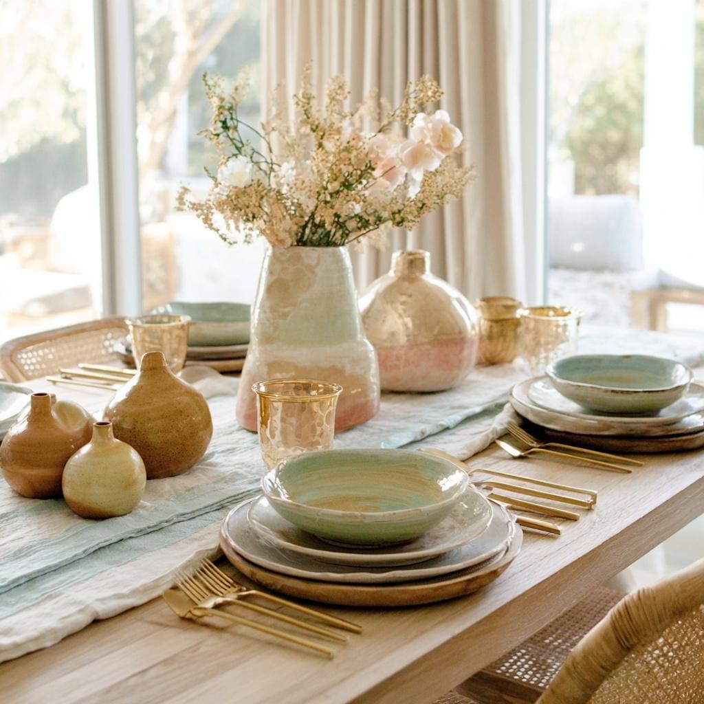 Elegant latest dining room trends with pastel tableware floral centerpiece and modern gold cutlery
