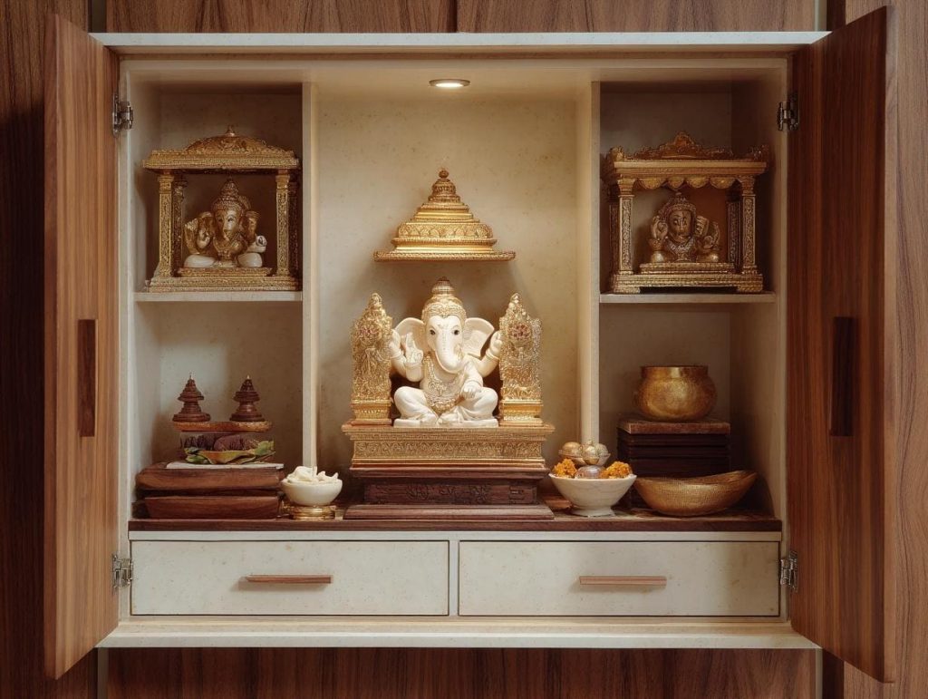 A simple temple design for home integrated into a wooden cabinet with small gold idols.