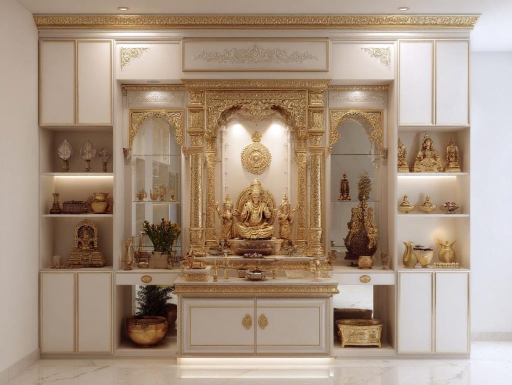 A grand temple design for home interior with ivory cabinets and golden deity carvings.