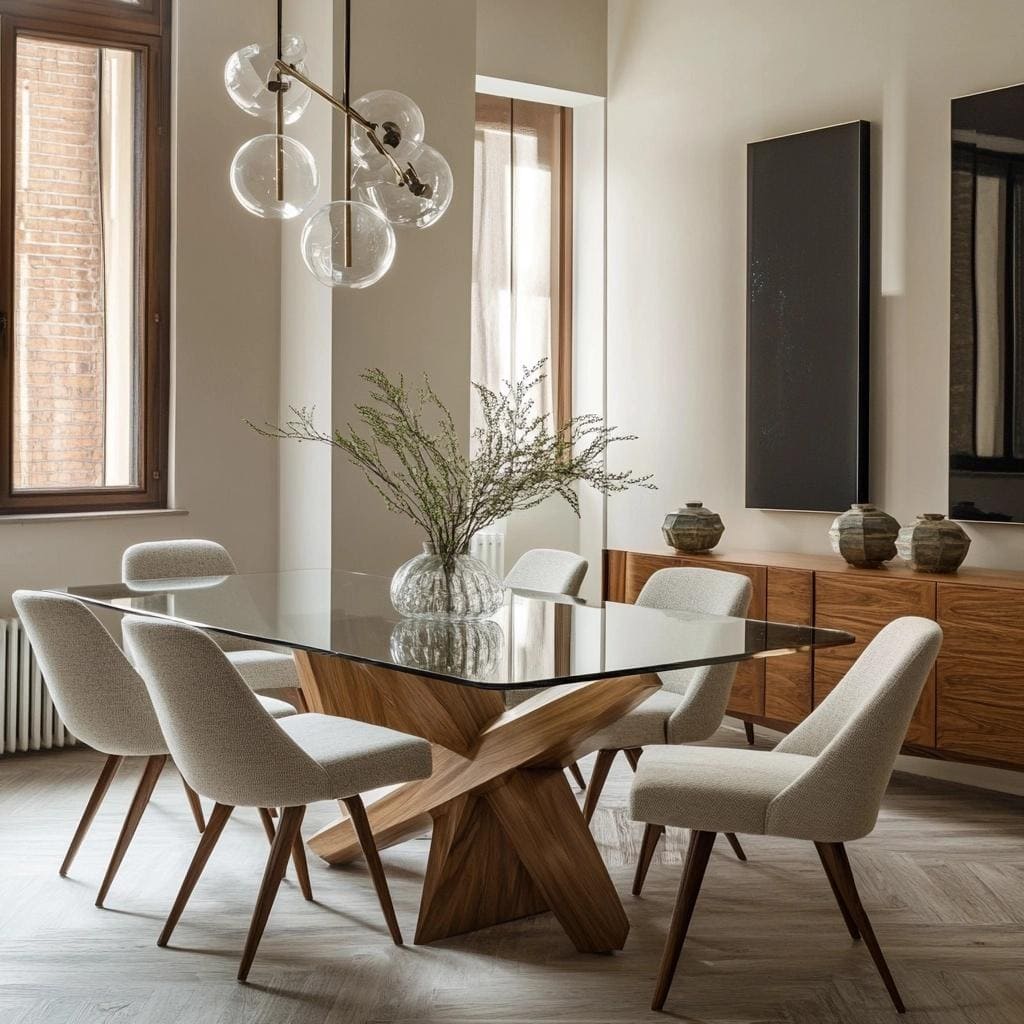 Trending dining room tables with glass top wooden base modern chairs and statement lighting
