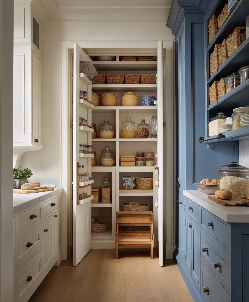 Elegant pantry unit in modular kitchen with open shelves baskets and jars for organized storage