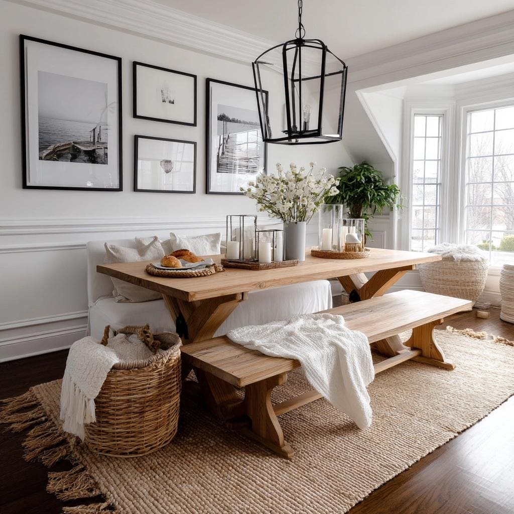 Dining room design trends with farmhouse wooden table bench seating and neutral decor accents
