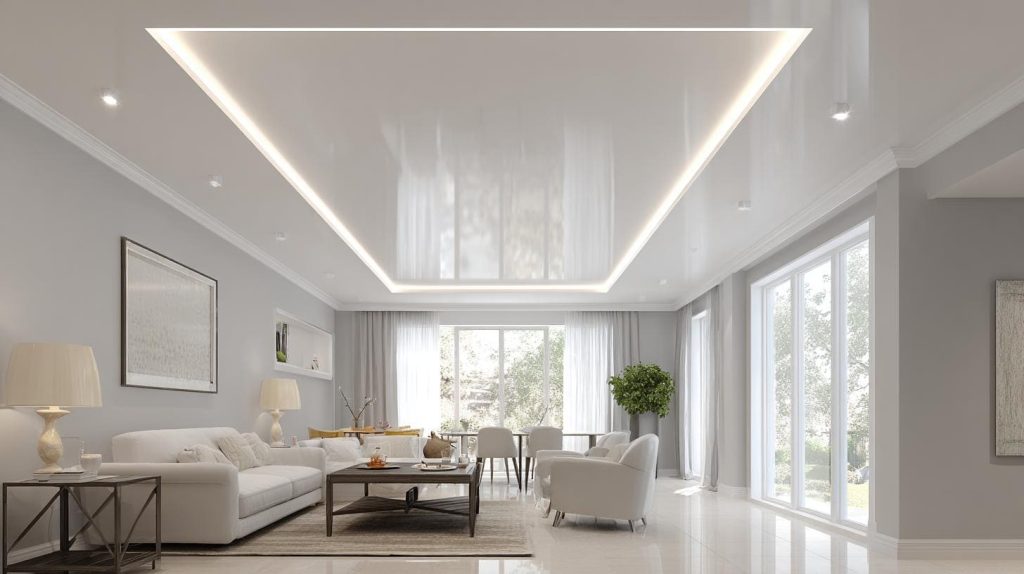 A minimalist living room with a glossy white finish and sleek false ceiling cost per sq ft.
