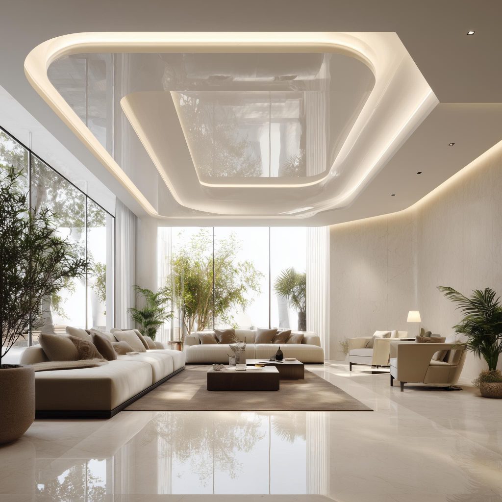 Modern living room with a multi-layered, curved POP false ceiling and cove lighting.