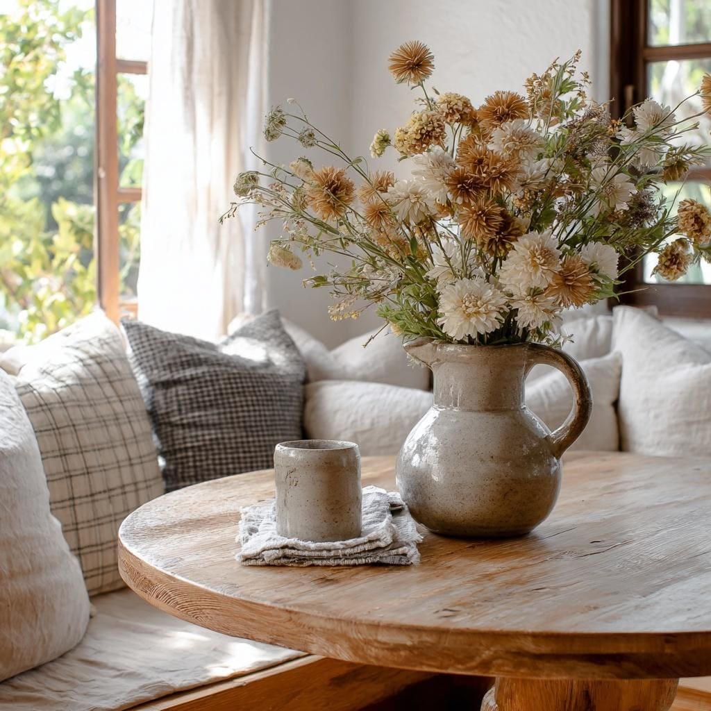 Cozy trending dining table design with rustic wood table floral decor and soft natural lighting