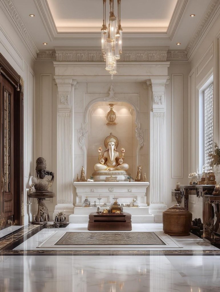  Serene stone temple design for home featuring a carved white marble Ganesha in a niche.