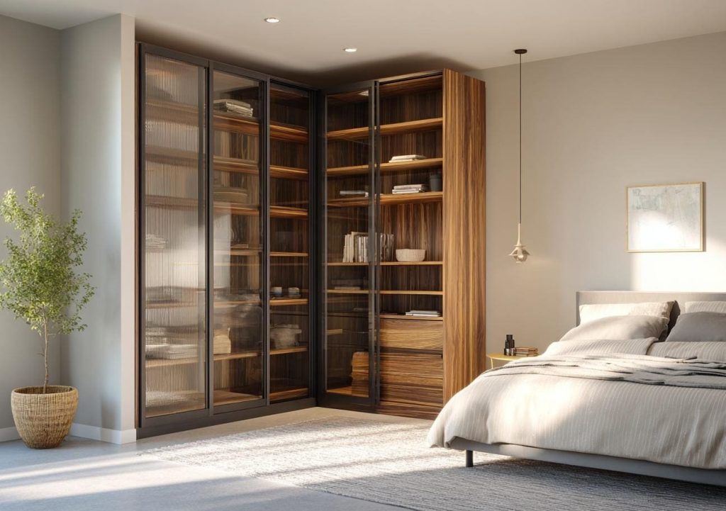 A modern corner wardrobe design featuring sleek glass shutters and warm wooden shelving.