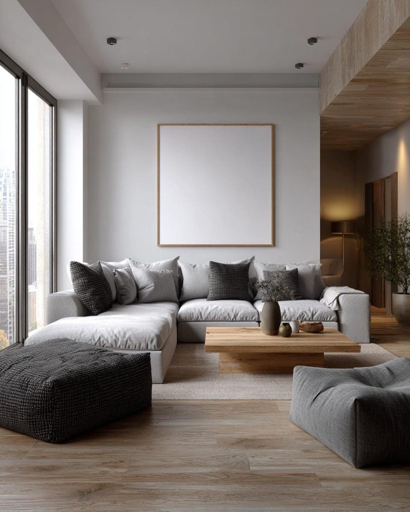 A chic living room layout with a grey sofa and additional floor seating for a relaxed atmosphere.