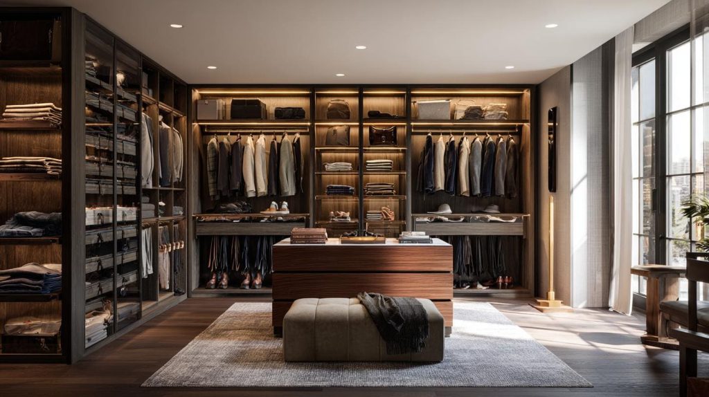 A modern male wardrobe design featuring dark wood, open shelves, internal lights and a large central island.